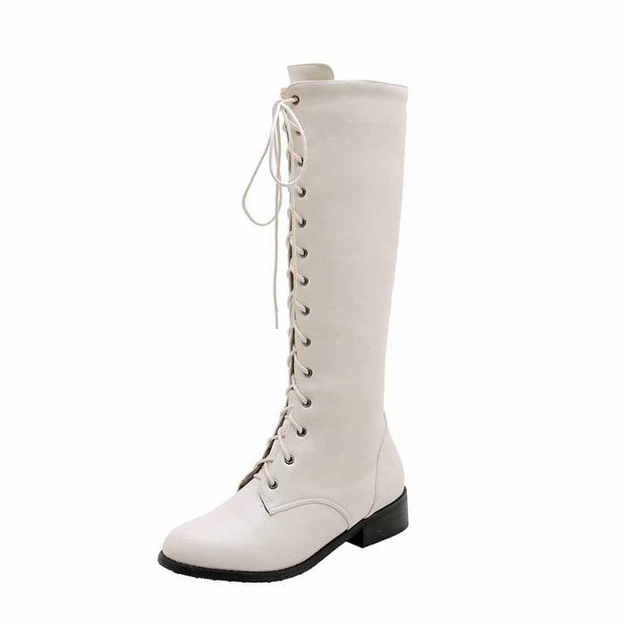 Womens Lace Up Knee High Boots Low Heel Mid Calf Riding Shoes