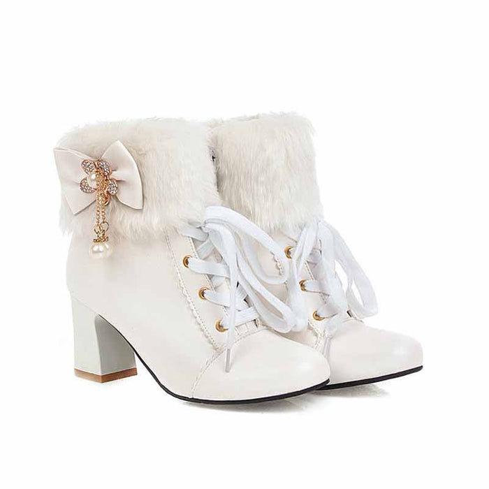 Womens Lace Up Platform Fur Lined Ankle Hiking Boots With Bowknot