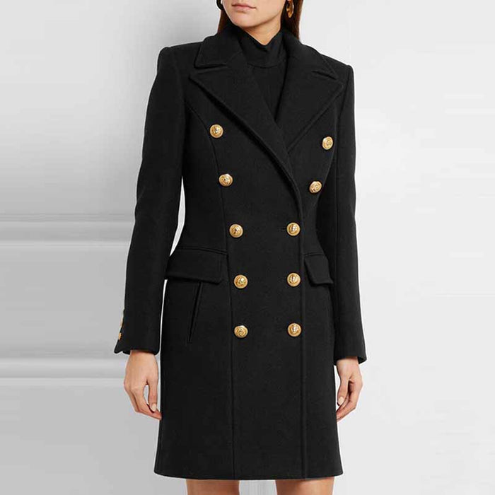 Women's Lapel Double Breasted Belted Mid Long Outwear Winter Coat