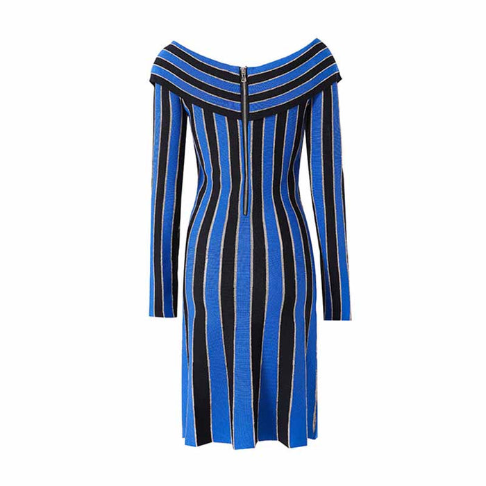 Women's long sleeve knit mini dress blue striped elegant dress