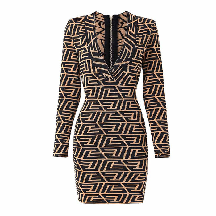 Women's long sleeve knitted minidress Black Yellow striped elegant dress