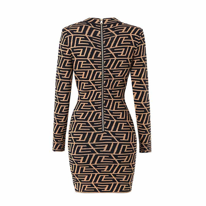 Women's long sleeve knitted minidress Black Yellow striped elegant dress