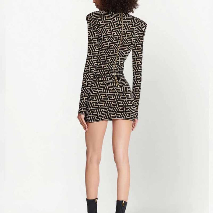 Women's long sleeve knitted minidress Black Yellow striped elegant dress