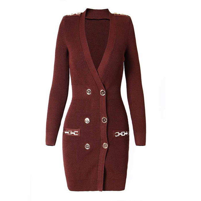 Women's long sleeve knitted minidress wine red V-neck elegant dress