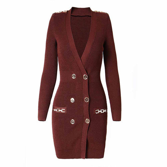 Women's long sleeve knitted minidress wine red V-neck elegant dress