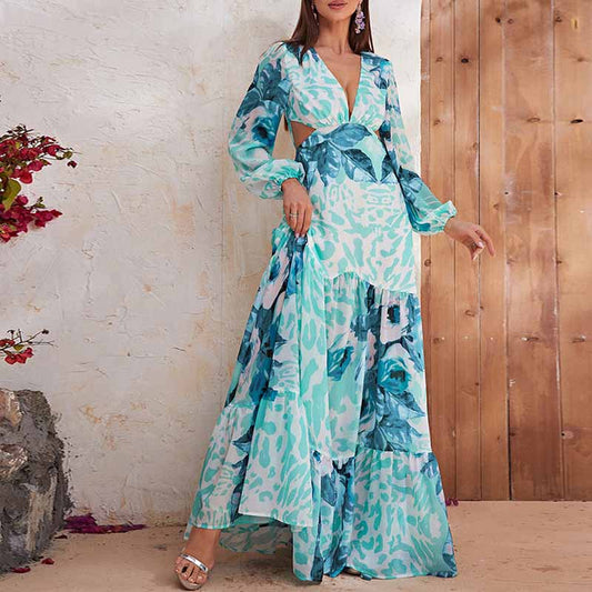 Womens Long Sleeves Blue Floral-Printed Maxi Dress