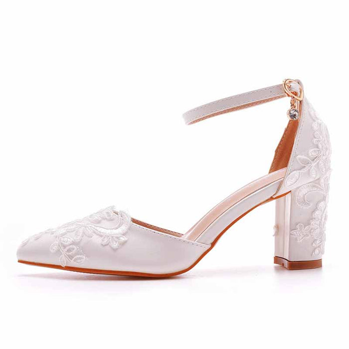 Women's Low Block Heel Sandals Chunky Lace Wedding Dress Shoes