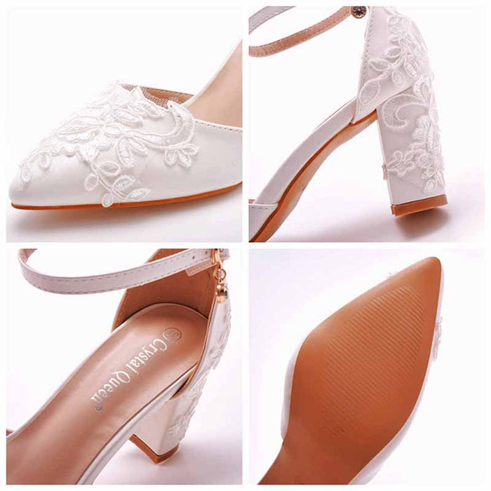 Women's Low Block Heel Sandals Chunky Lace Wedding Dress Shoes