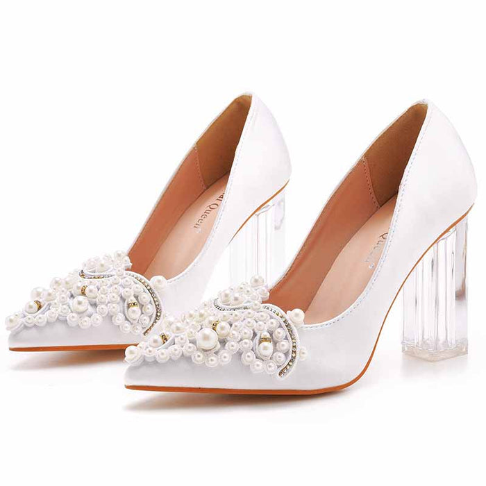 Women's Low Block Heel Sandals Chunky Pearl Wedding Shoes With Clear Heels