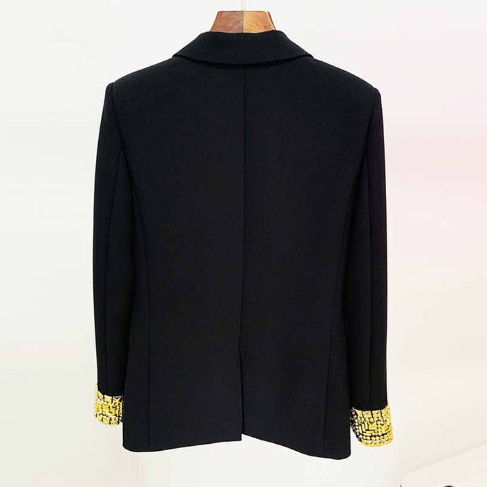 Women's Luxury black One Button Blazer Hand Sewn Golden Metal Studs Mid-length Blazer Coat