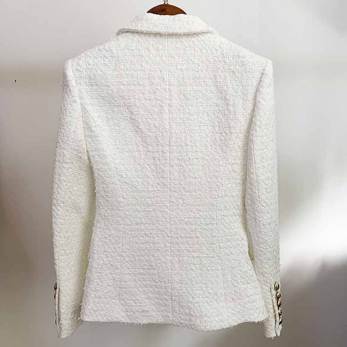 Women's Luxury Double breasts Fitted Tweed Blazer Golden Lion Buttons White