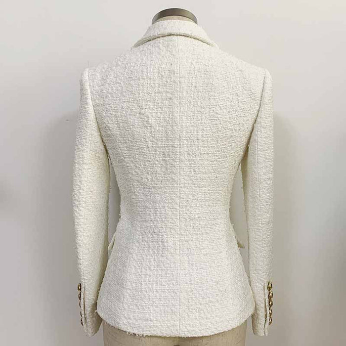 Women's Luxury Double breasts Fitted Tweed Blazer Golden Lion Buttons White