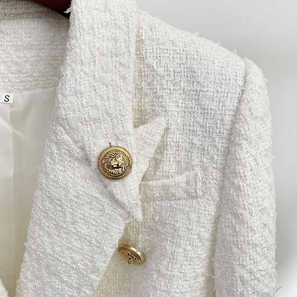 Women's Luxury Double breasts Fitted Tweed Blazer Golden Lion Buttons White