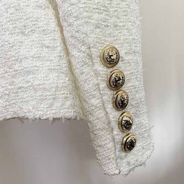 Women's Luxury Double breasts Fitted Tweed Blazer Golden Lion Buttons White