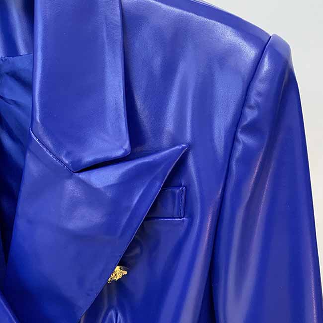 Women's Luxury Faux Leather Collar Fitted Blazer Golden Lion Buttons Royal Blue