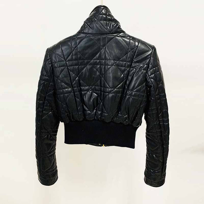 Women's Luxury Faux Leather Quilted Short Crop Bomber Jacket Coat Black