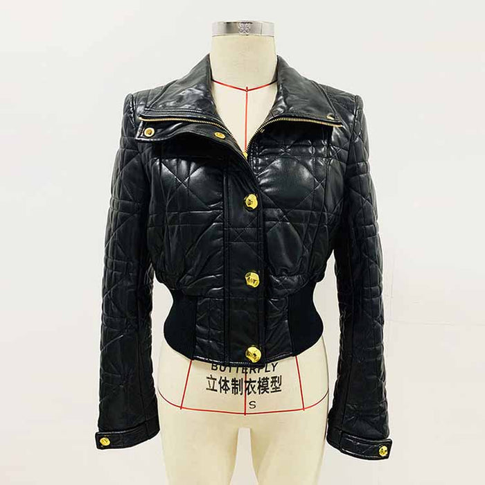 Women's Luxury Faux Leather Quilted Short Crop Bomber Jacket Coat Black