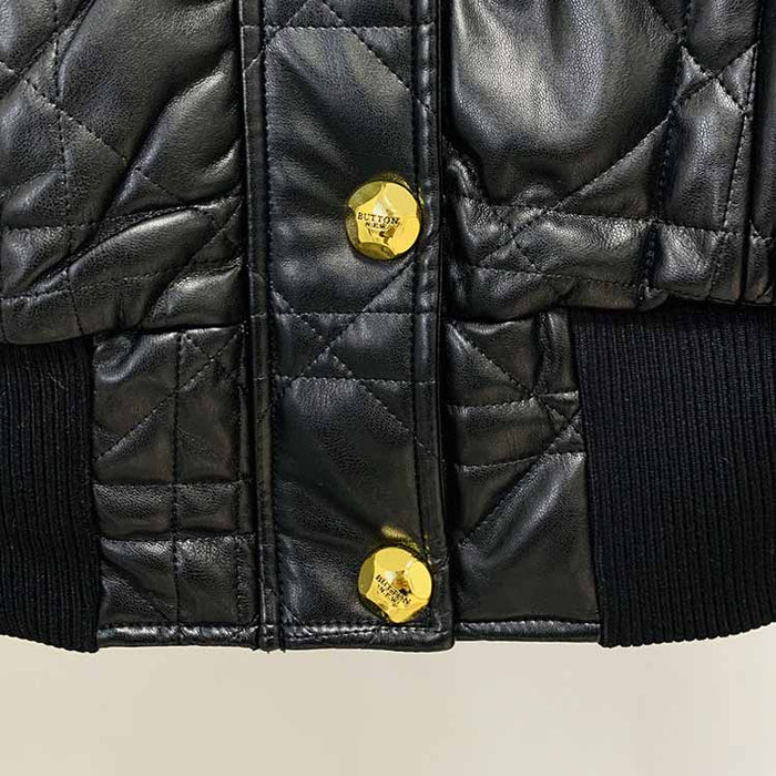 Women's Luxury Faux Leather Quilted Short Crop Bomber Jacket Coat Black