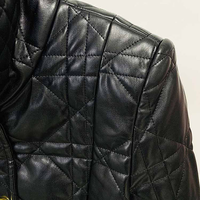 Women's Luxury Faux Leather Quilted Short Crop Bomber Jacket Coat Black