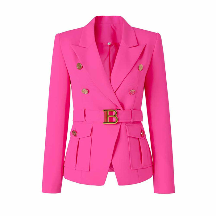 Women's Luxury Fitted Blazer Colorful Golden Lion Buttons Coat Belt Jacket