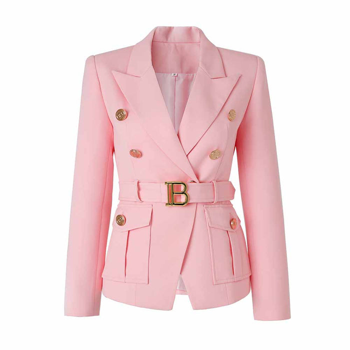Women's Luxury Fitted Blazer Colorful Golden Lion Buttons Coat Belt Jacket