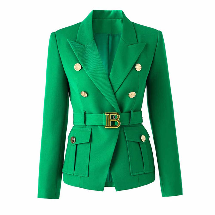 Women's Luxury Fitted Blazer Colorful Golden Lion Buttons Coat Belt Jacket