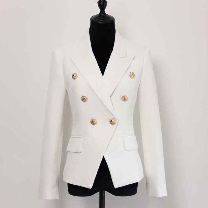 Women's Luxury Fitted Blazer Golden Lion Buttons Coat White Color