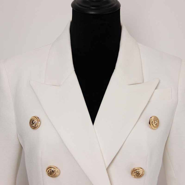 Women's Luxury Fitted Blazer Golden Lion Buttons Coat White Color