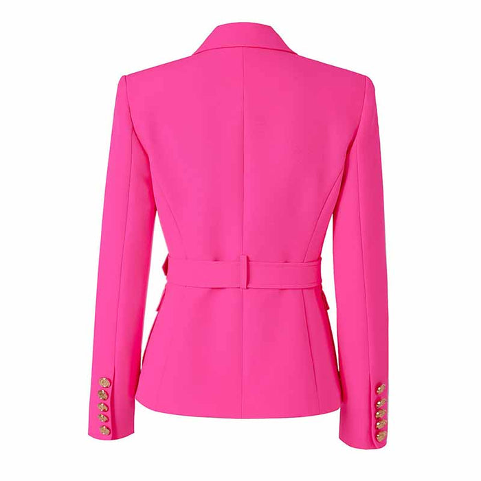 Women's Luxury Fitted Hot Pink Blazer Golden Lion Buttons Coat Belted Jacket