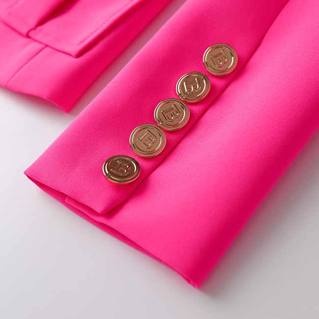 Women's Luxury Fitted Hot Pink Blazer Golden Lion Buttons Coat Belted Jacket