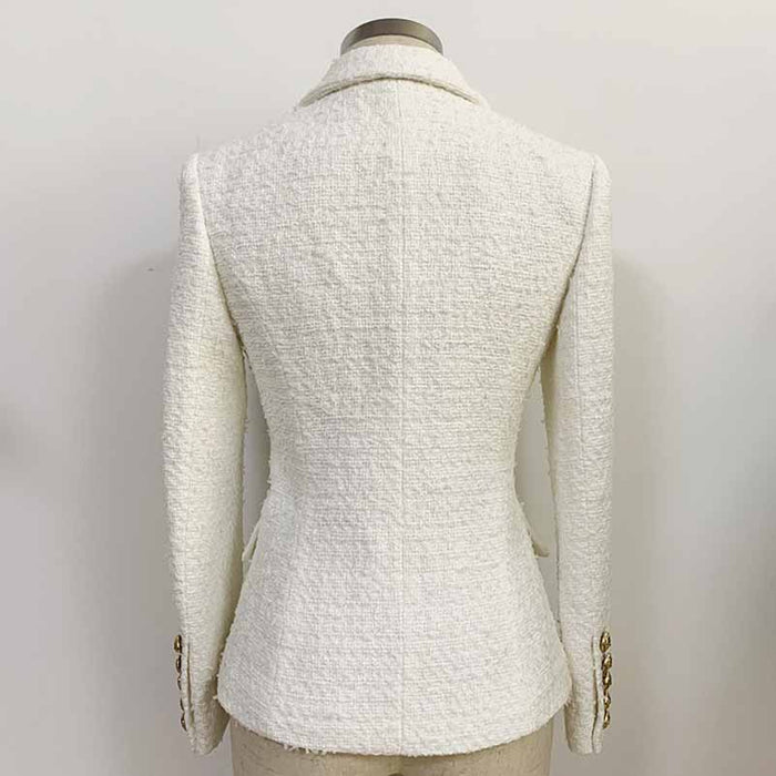 Women's Luxury Fitted Tweed Blazer Golden Lion Buttons White
