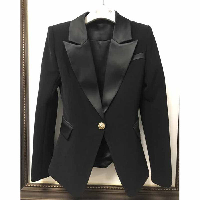 Women's Luxury Satin Collar Blazer Golden Lion Buttons Black