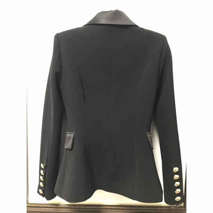 Women's Luxury Satin Collar Blazer Golden Lion Buttons Black