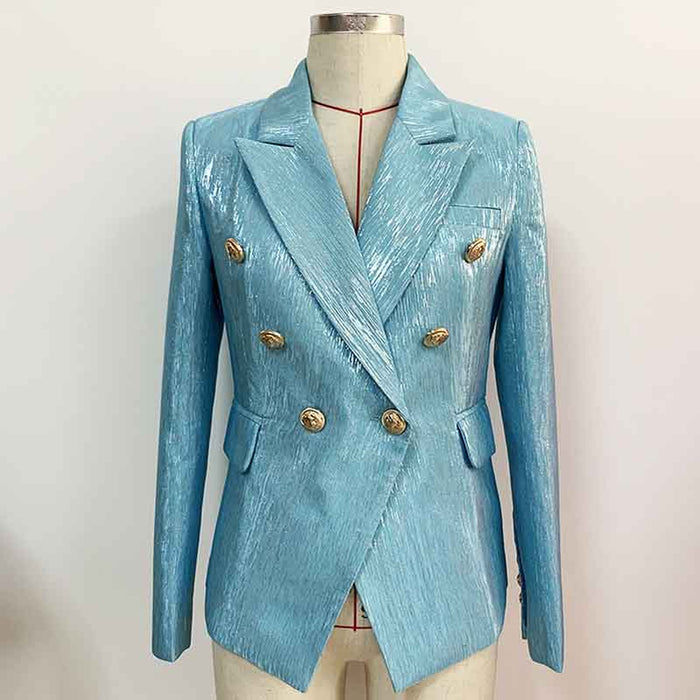 Women's Metal Lion Buttons Blue Fitted Blazer Coat