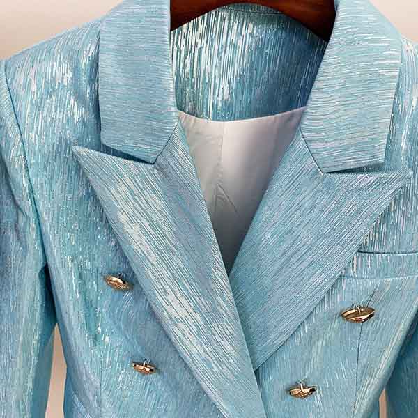 Women's Metal Lion Buttons Blue Fitted Blazer Coat