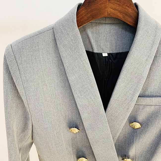 Women's Metal Lion Buttons Fitted Shawl Collar Grey Blazer Jacket
