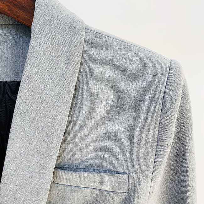 Women's Metal Lion Buttons Fitted Shawl Collar Grey Blazer Jacket