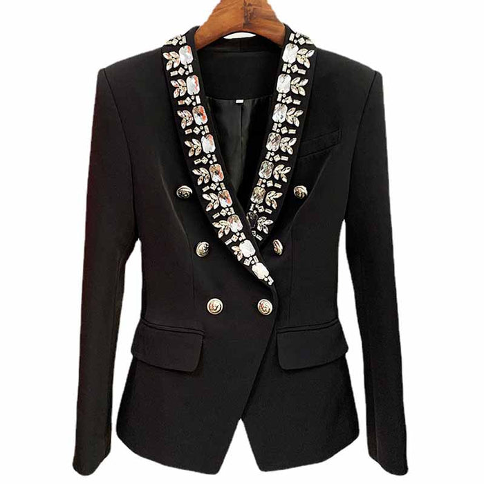 Women's Metal Lion Buttons Studded Fitted Classic Blazer Black