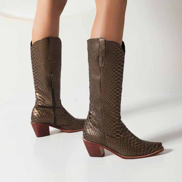 Womens Mid Calf Boots Chunky Heel Zipper Cowgirl Boots