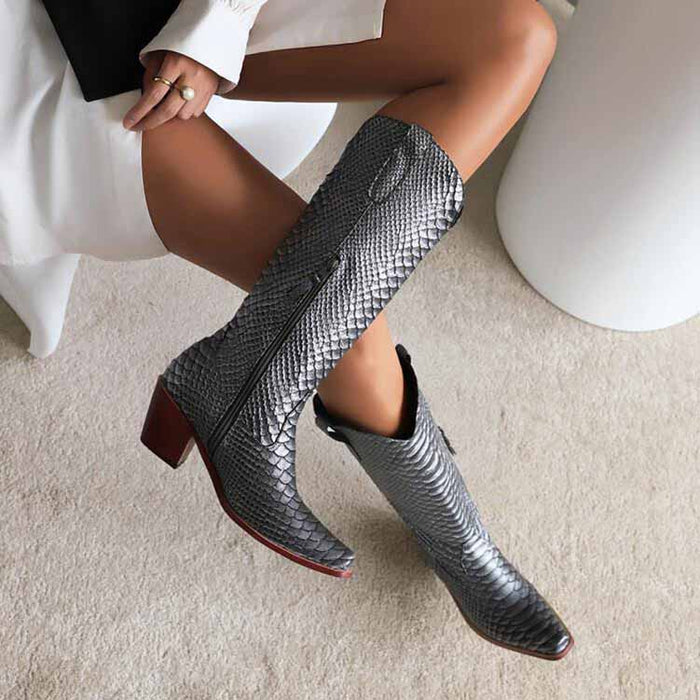 Womens Mid Calf Boots Chunky Heel Zipper Cowgirl Boots