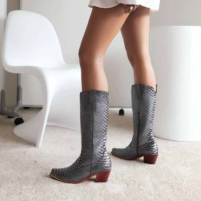 Womens Mid Calf Boots Chunky Heel Zipper Cowgirl Boots