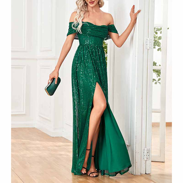 Women's Off Shoulder High Split Sequined Evening Party Maxi Dress for Prom