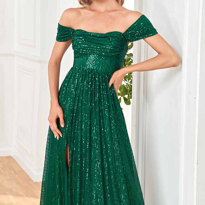 Women's Off Shoulder High Split Sequined Evening Party Maxi Dress for Prom
