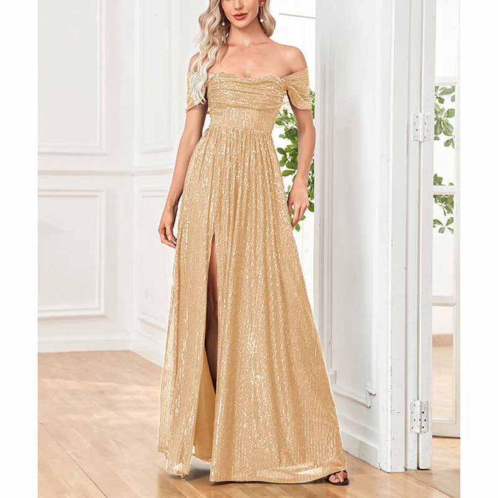 Women's Off Shoulder High Split Sequined Evening Party Maxi Dress for Prom
