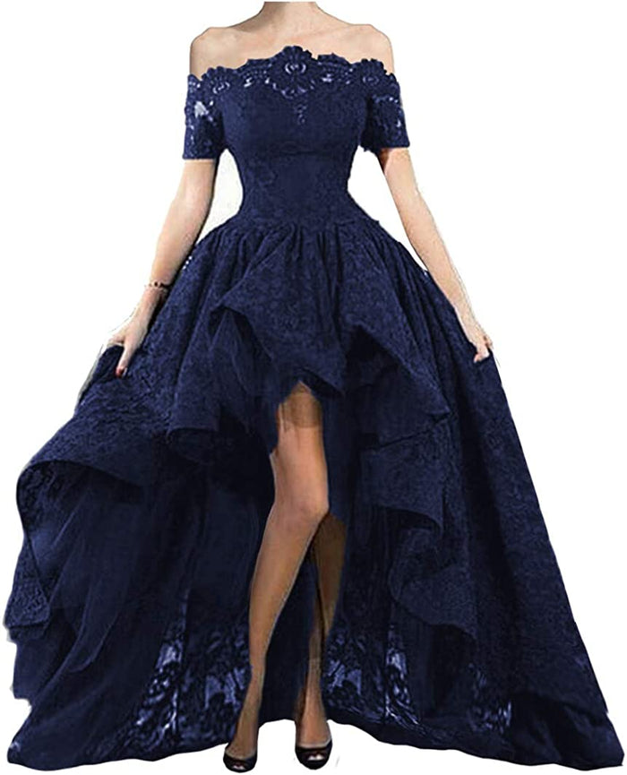 Women's Off Shoulder Prom Dresses High Low Puffy Formal Lace Evening Ball Gowns