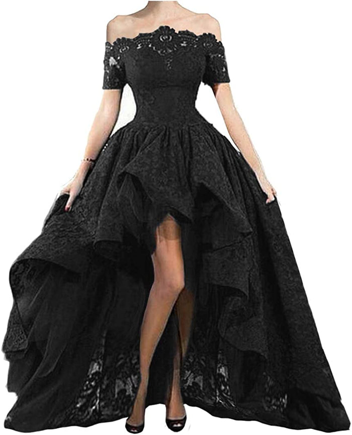 Women's Off Shoulder Prom Dresses High Low Puffy Formal Lace Evening Ball Gowns