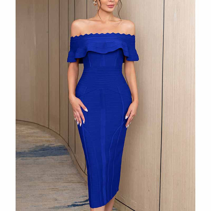 Women's Off Shoulder Ruched Bodycon Wedding Guest Cocktail Party Formal Dress
