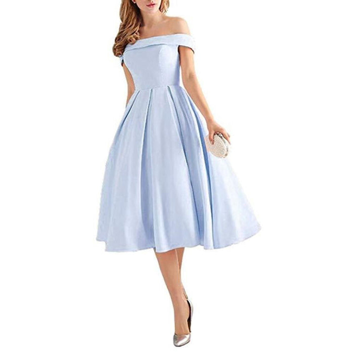 Women's Off Shoulder Satin A Line Short Homecoming Prom Dresses Whith Pocket