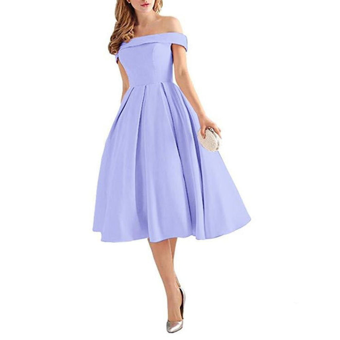 Women's Off Shoulder Satin A Line Short Homecoming Prom Dresses Whith Pocket