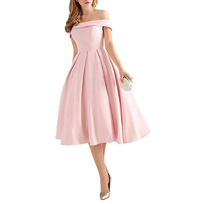 Women's Off Shoulder Satin A Line Short Homecoming Prom Dresses Whith Pocket